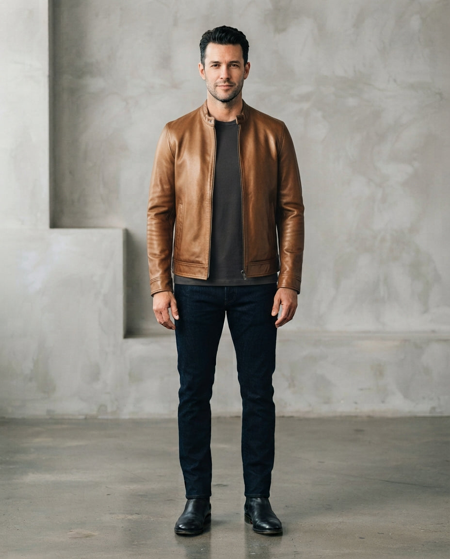Men's bronze collarless café racer leather jacket with slim fit and snap cuffs, full body view, The Recon Bronze
