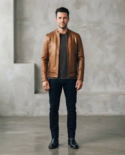 Men's bronze collarless café racer leather jacket with slim fit and snap cuffs, full body view, The Recon Bronze