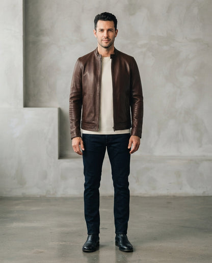 Men's brown collarless café racer leather jacket with slim fit and snap cuffs, full body view, The Recon Brown