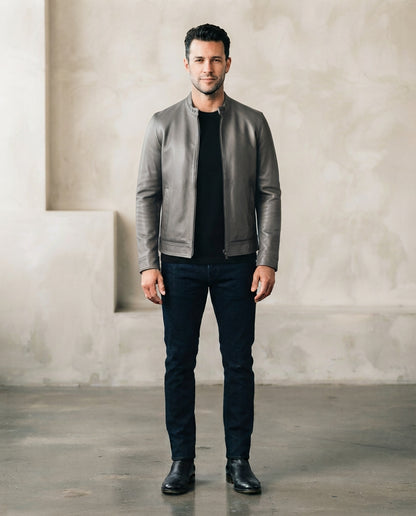 Men's gray collarless café racer leather jacket with slim fit and snap cuffs, full body view, The Recon Gray