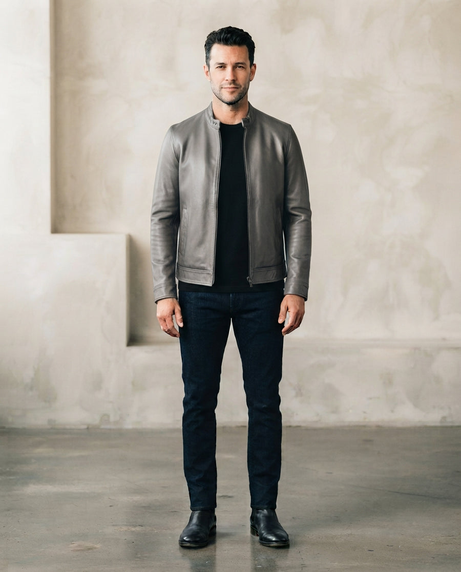 Men's gray collarless café racer leather jacket with slim fit and snap cuffs, full body view, The Recon Gray