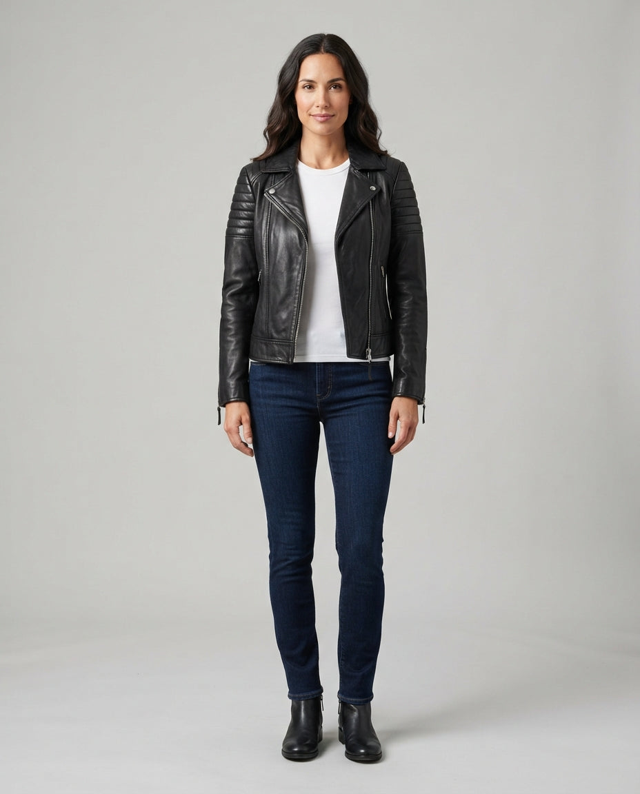 Women's black sheepskin leather café racer jacket with asymmetric zip, full body view, The Recon Black