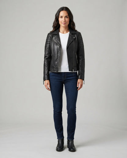 Women's black sheepskin leather café racer jacket with asymmetric zip, full body view, The Recon Black