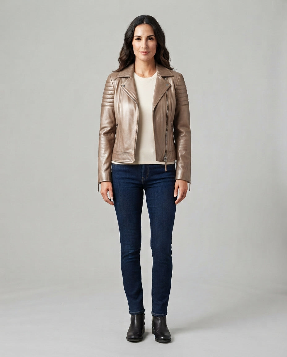 Women's bronze sheepskin leather café racer jacket with asymmetric zip, full body view, The Recon Bronze