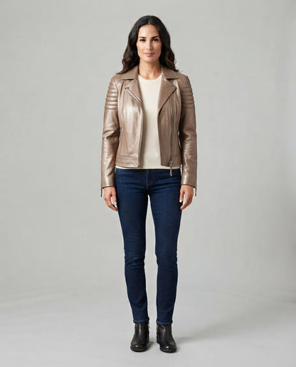 Women's bronze sheepskin leather café racer jacket with asymmetric zip, full body view, The Recon Bronze