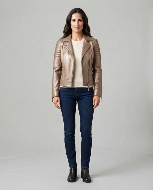 Women's bronze sheepskin leather café racer jacket with asymmetric zip, full body view, The Recon Bronze