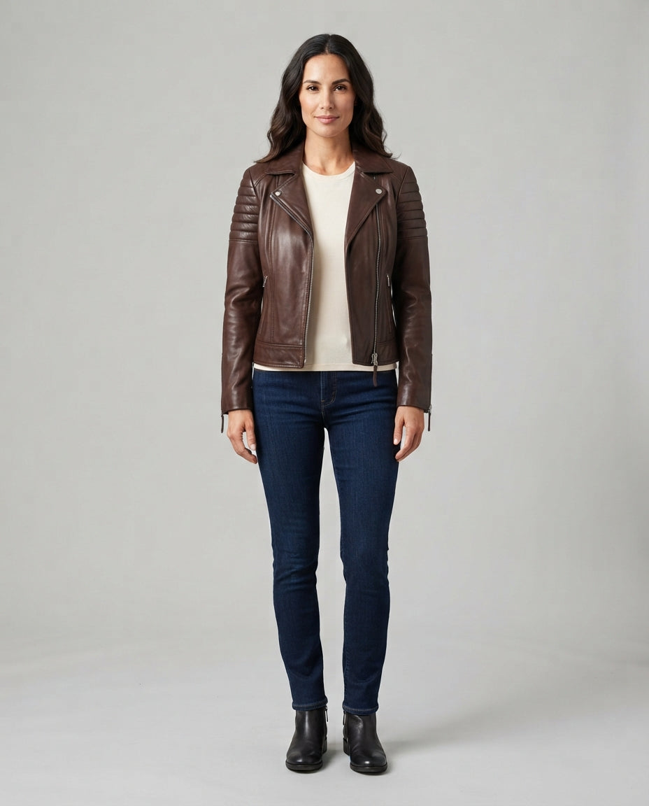 Women's brown sheepskin leather café racer jacket with asymmetric zip, full body view, The Recon Brown