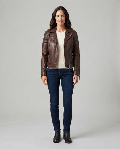 Women's brown sheepskin leather café racer jacket with asymmetric zip, full body view, The Recon Brown