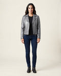Women's gray sheepskin leather café racer jacket with asymmetric zip, full body view, The Recon Gray