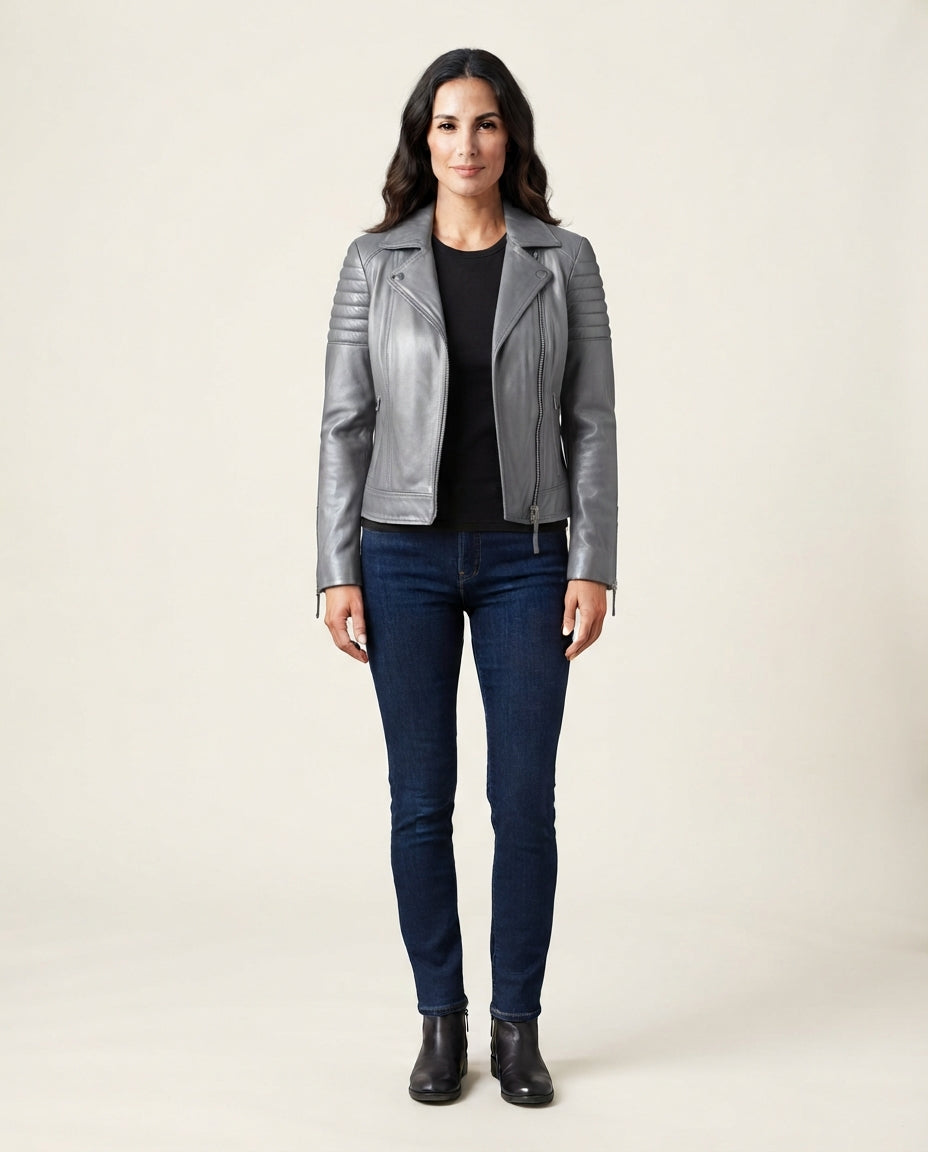 Women's gray sheepskin leather café racer jacket with asymmetric zip, full body view, The Recon Gray