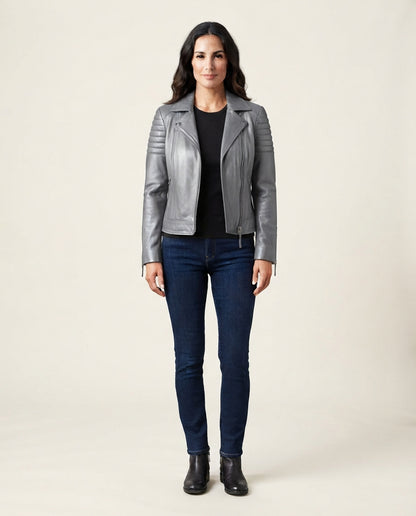 Women's gray sheepskin leather café racer jacket with asymmetric zip, full body view, The Recon Gray
