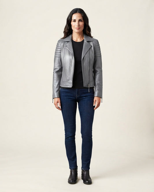 Women's gray sheepskin leather café racer jacket with asymmetric zip, full body view, The Recon Gray