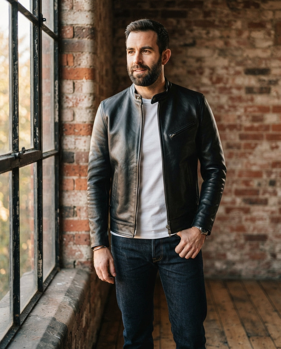 Men's black waxed leather café racer jacket, collarless slim fit with zip chest pocket, The Rowan Black