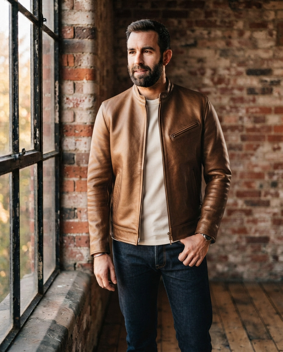 Men's bronze waxed leather café racer jacket, collarless slim fit with zip chest pocket, The Rowan Bronze