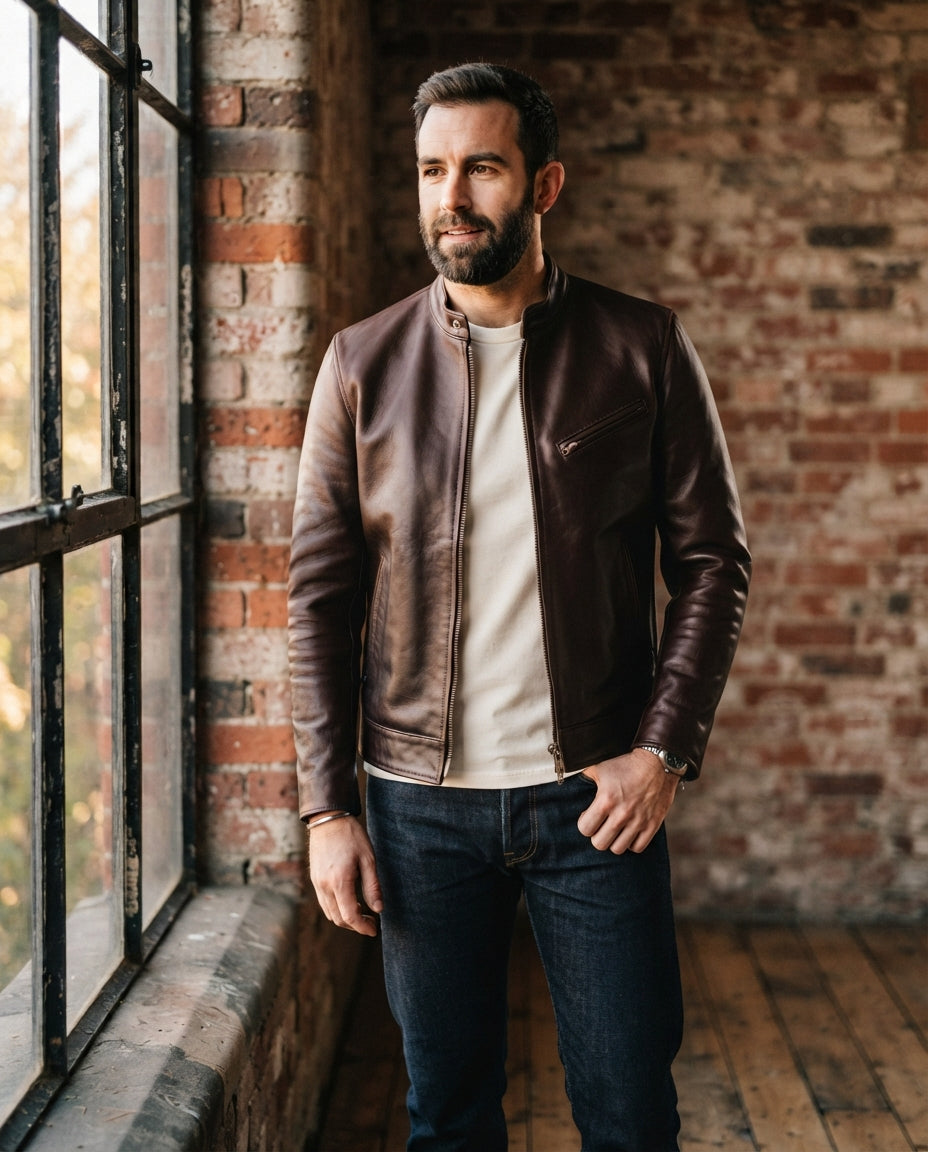 Men's brown waxed leather café racer jacket, collarless slim fit with zip chest pocket, The Rowan Brown