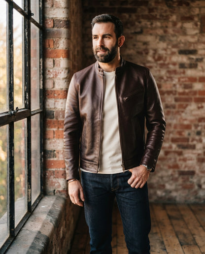 Men's brown waxed leather café racer jacket, collarless slim fit with zip chest pocket, The Rowan Brown