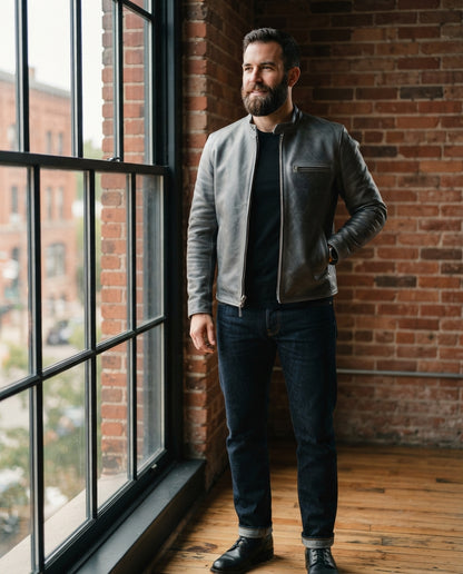Men's gray waxed leather café racer jacket, collarless slim fit with zip chest pocket, The Rowan Gray