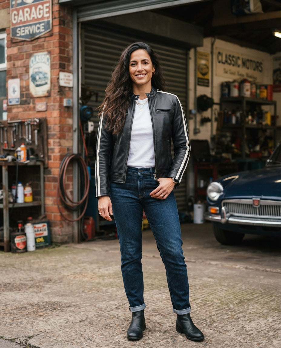 Women's black retro racing café racer leather jacket with white contrast stripes and snap collar, The Tessa Black