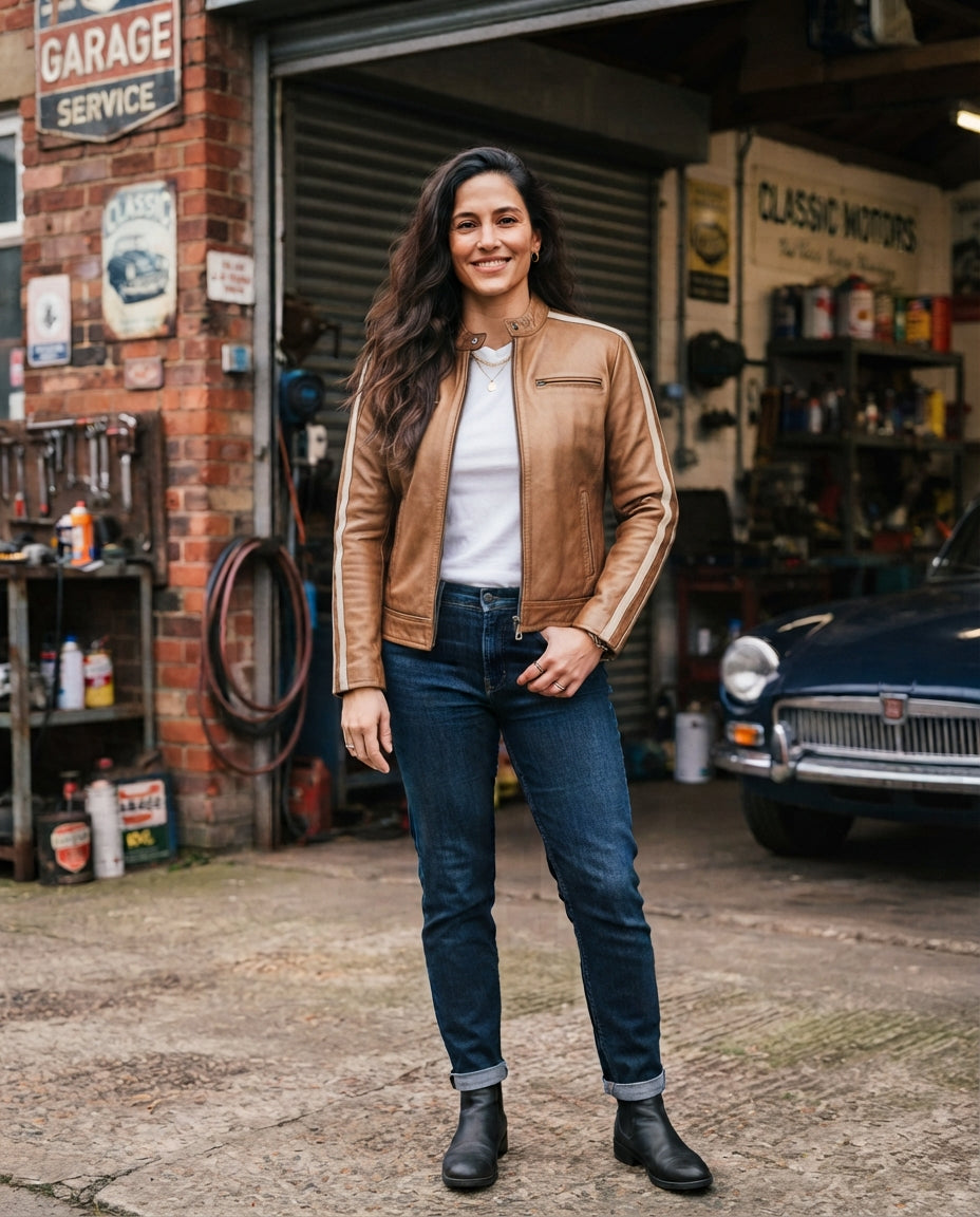 Women's bronze retro racing café racer leather jacket with cream contrast stripes and snap collar, The Tessa Bronze