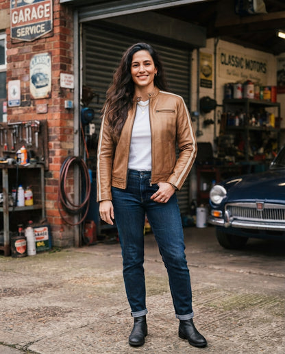 Women's bronze retro racing café racer leather jacket with cream contrast stripes and snap collar, The Tessa Bronze