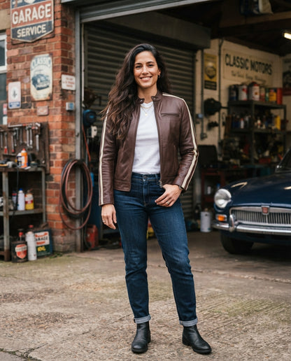 Women's brown retro racing café racer leather jacket with cream contrast stripes and snap collar, The Tessa Brown