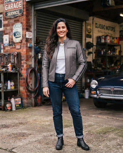 Women's gray retro racing café racer leather jacket with black contrast stripes and snap collar, The Tessa Gray