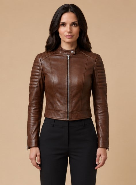 women wearing brown leather jacket