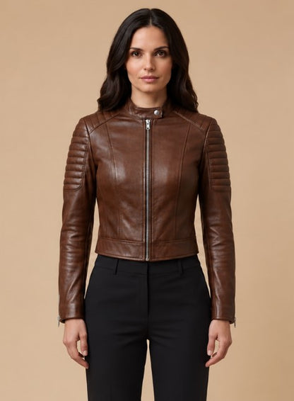 women wearing brown leather jacket