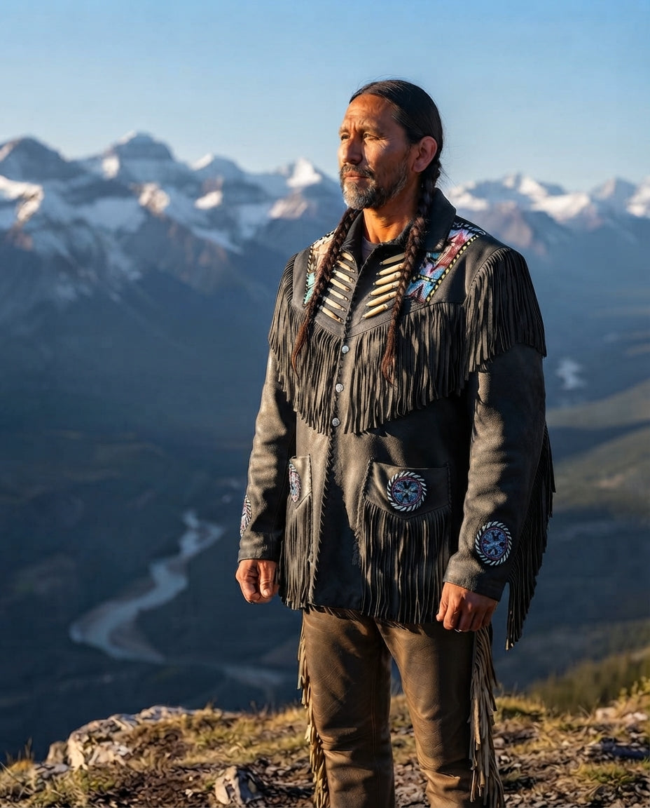 man wearing western jacket black standing on cliff
