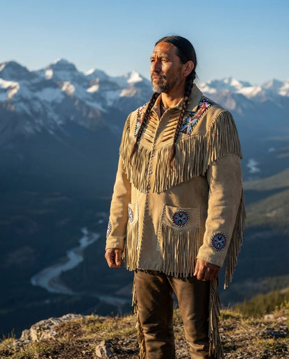 man wearing western jacket natural buckskin standing on cliff