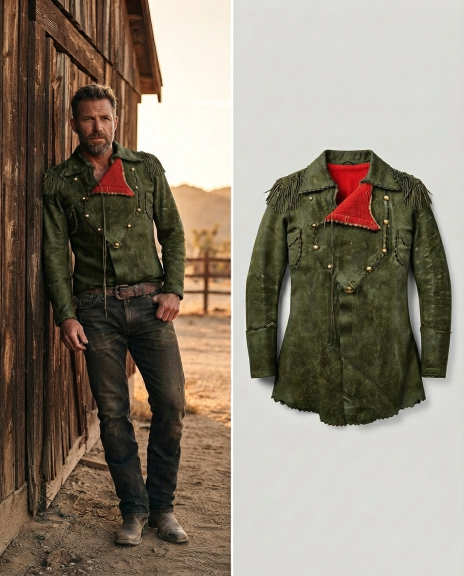 model wearing western jacket olive green standing on ranch