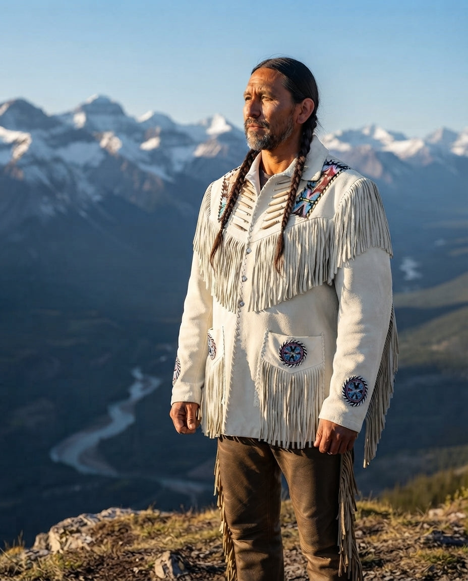 man wearing western jacket white standing on cliff