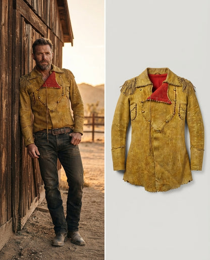 model wearing western jacket yellow standing at ranch