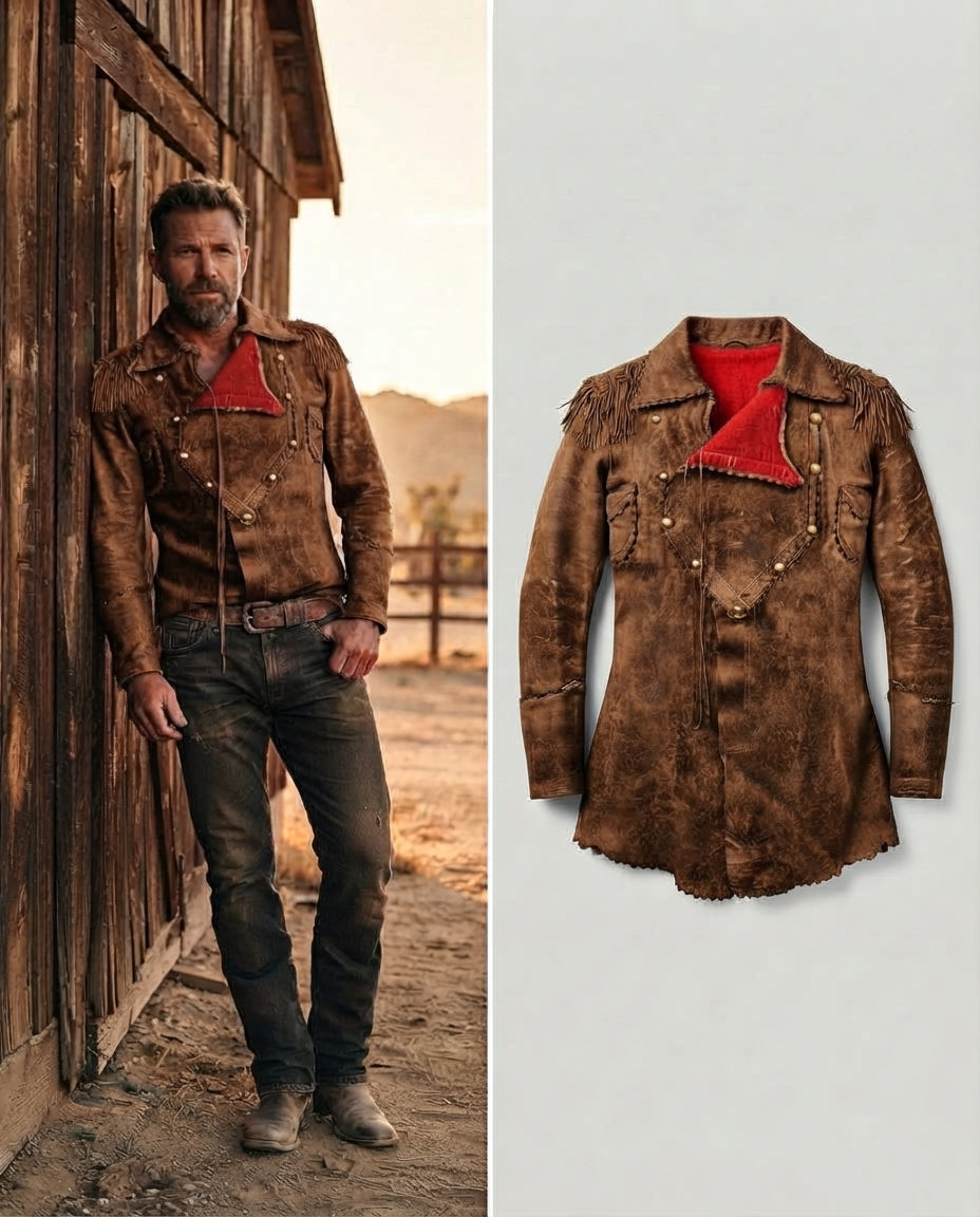 Model wearing western jacket brown stading at ranch