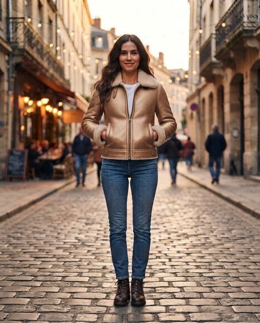 Women's bronze leather shearling jacket with soft cream collar and fitted waist, full body view, The Wilder Bronze
