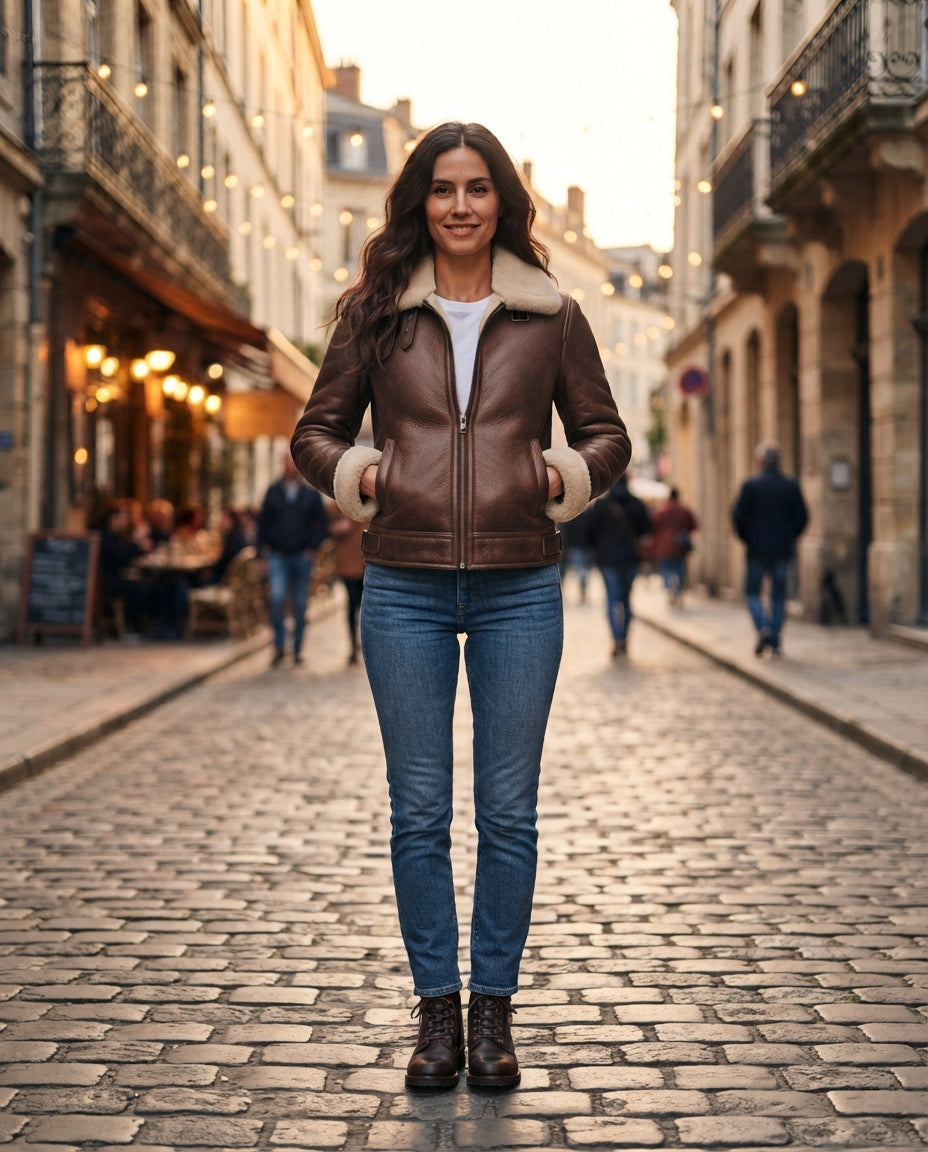 Women's brown leather shearling jacket with soft cream collar and fitted waist, full body view, The Wilder Brown