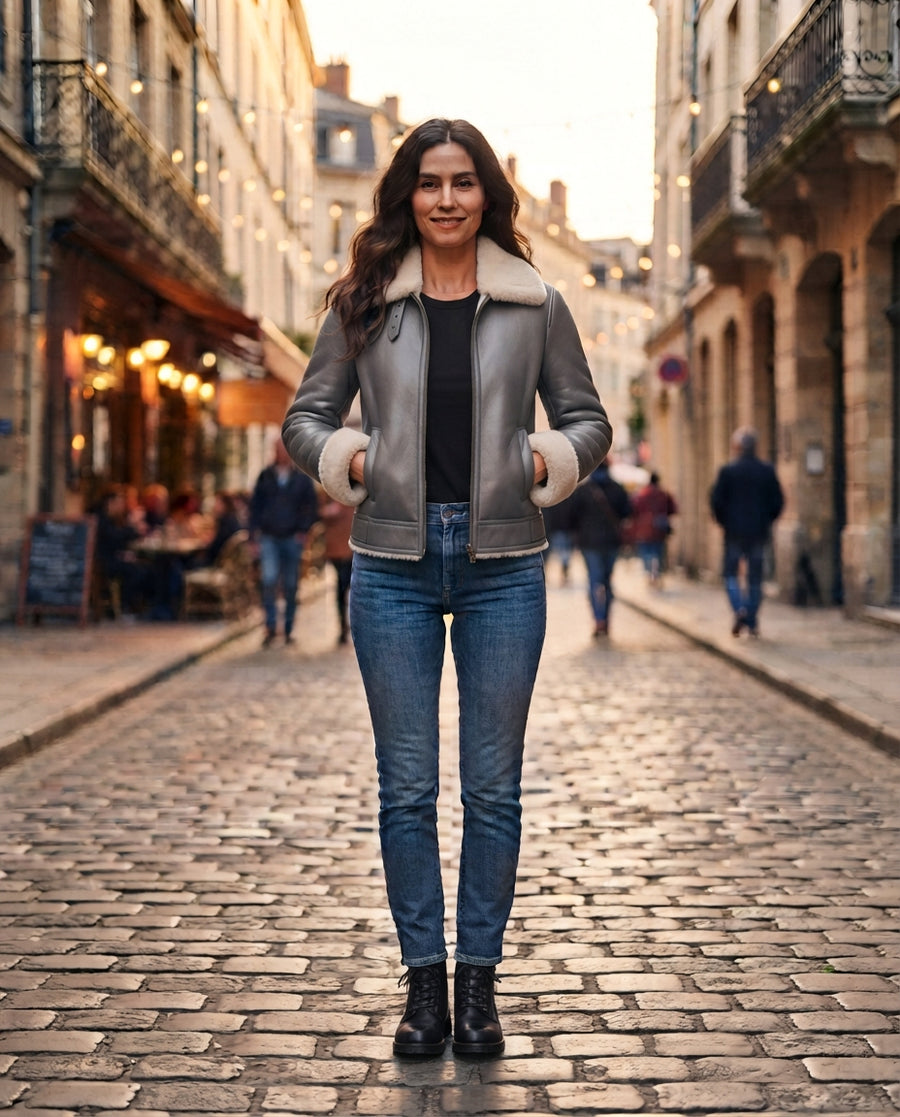 Women's gray leather shearling jacket with soft ivory collar and fitted waist, full body view, The Wilder Gray