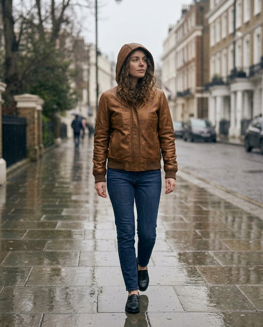 A woman stands on a wet city street wearing a bronze leather hooded jacket, blue jeans, and black loafers, with buildings and parked cars in the background.