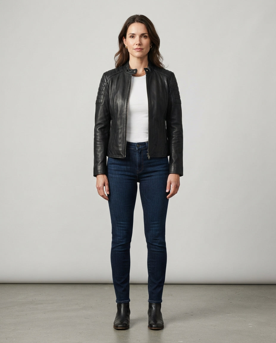 Women's black sheepskin leather stand collar jacket with front zip, full body view