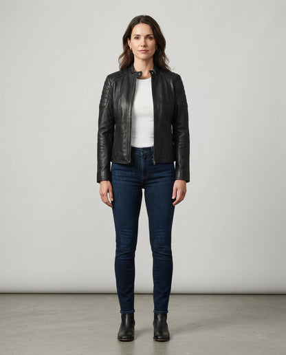 Women's black sheepskin leather stand collar jacket with front zip, full body view