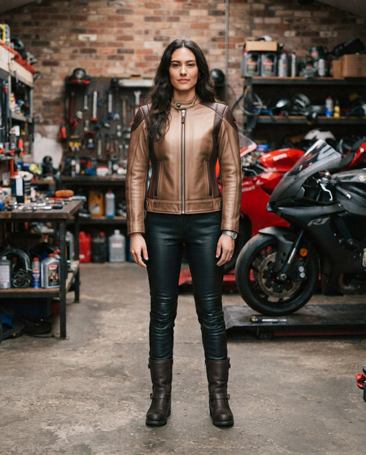 Women's bronze racing leather jacket with dark brown contrast panels, mandarin collar and silver zip, full body view