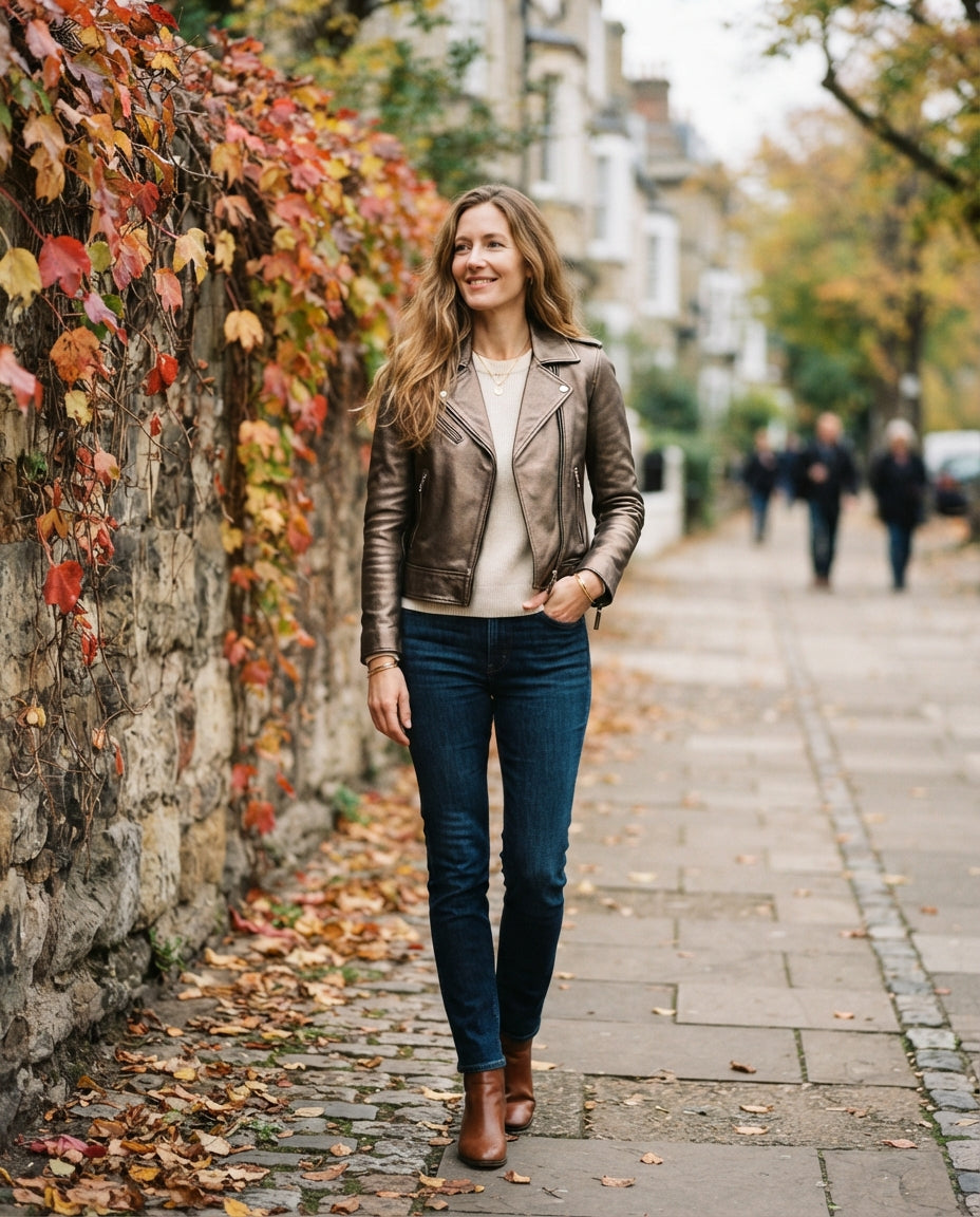 Women's bronze leather biker jacket, slim fit with front zip and zip pockets