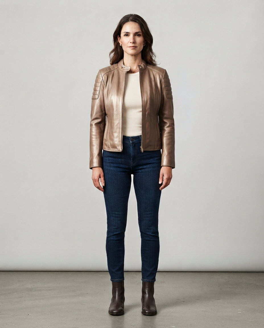 Women's bronze sheepskin leather stand collar jacket with front zip, full body view