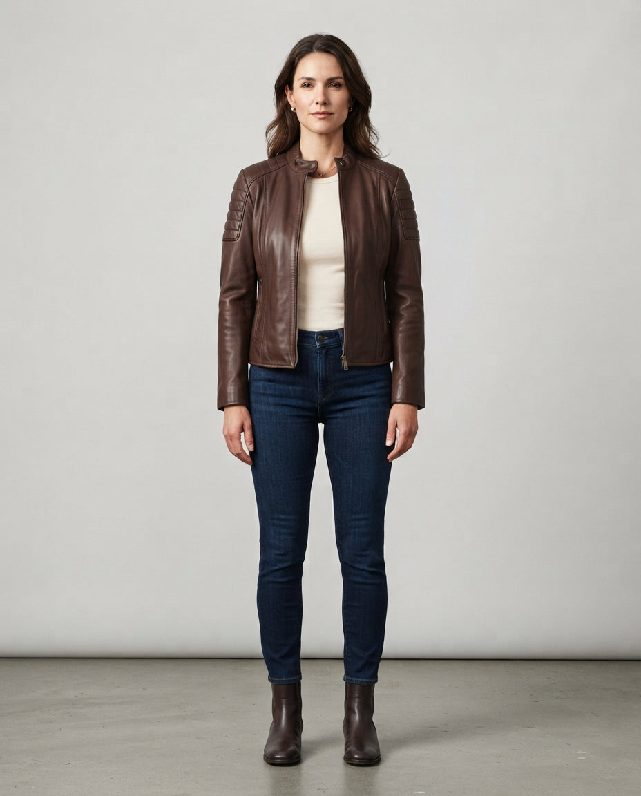 Women's brown sheepskin leather stand collar jacket with front zip, full body view