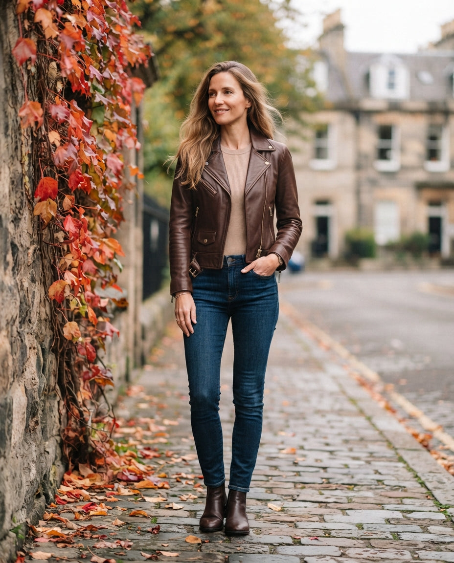 Women's chocolate brown leather biker jacket, slim fit with front zip and zip pockets