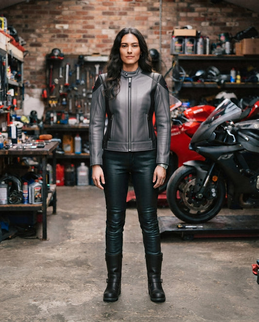 Women's gray racing leather jacket with black contrast panels, mandarin collar and silver zip, full body view