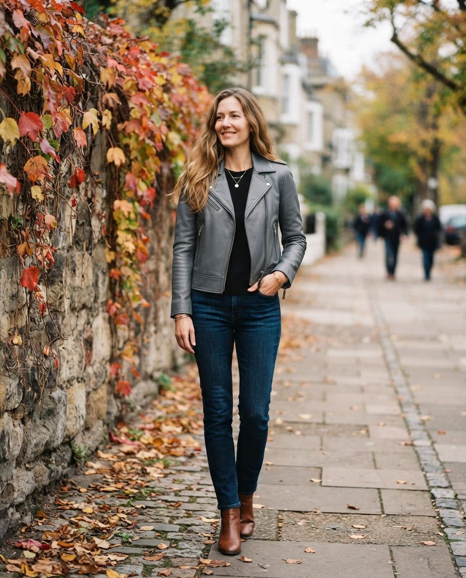 Women's gray leather biker jacket, slim fit with front zip and zip pockets