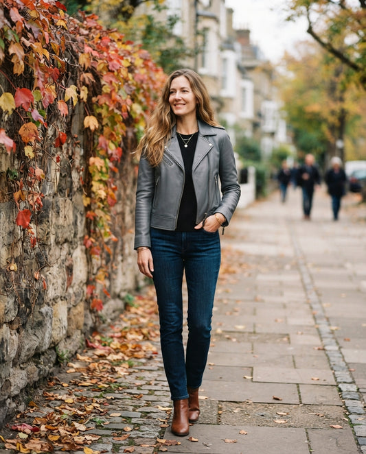 Women's gray leather biker jacket, slim fit with front zip and zip pockets