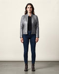 Women's gray sheepskin leather stand collar jacket with front zip, full body view
