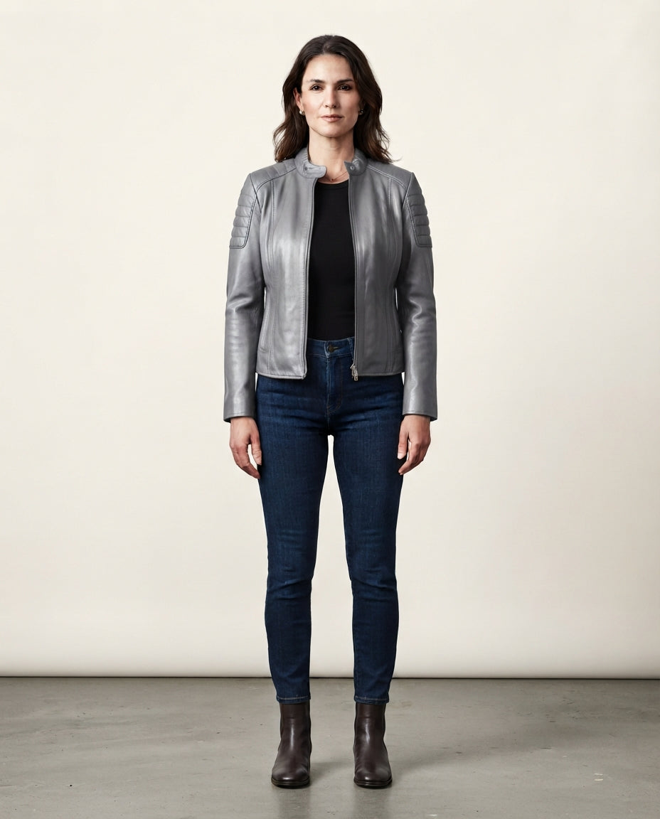 Women's gray sheepskin leather stand collar jacket with front zip, full body view